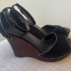 Vintage Prada Black Suede Wood Wedge Sandals 37/37.5